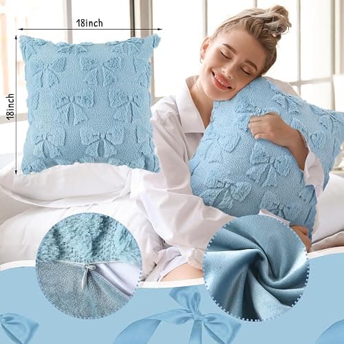 Mixweer Blue Bow Pillow Covers Set of 2 Preppy Room Decor Coquette Cute Spring Summer Decorative Faux Fur Soft Bowknot Stuff Fluffy Plush Aesthetic Pillowcase for Bed Sofa Couch (18 x 18 Inch) thumbnail 2