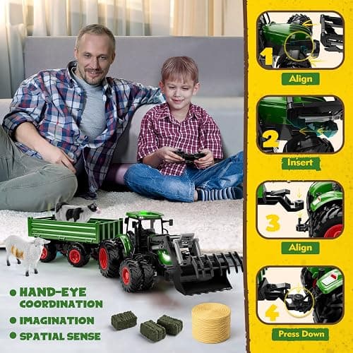 Remote Control Tractor Toy with Trailer | Metal Front Loader Farm Vehicle Set with Lights & 8-Wheel Design, RC Tractor Truck for Boys & Girls Ages 3-9, Fun Farm Toy Gift for Toddlers & Kids thumbnail 9
