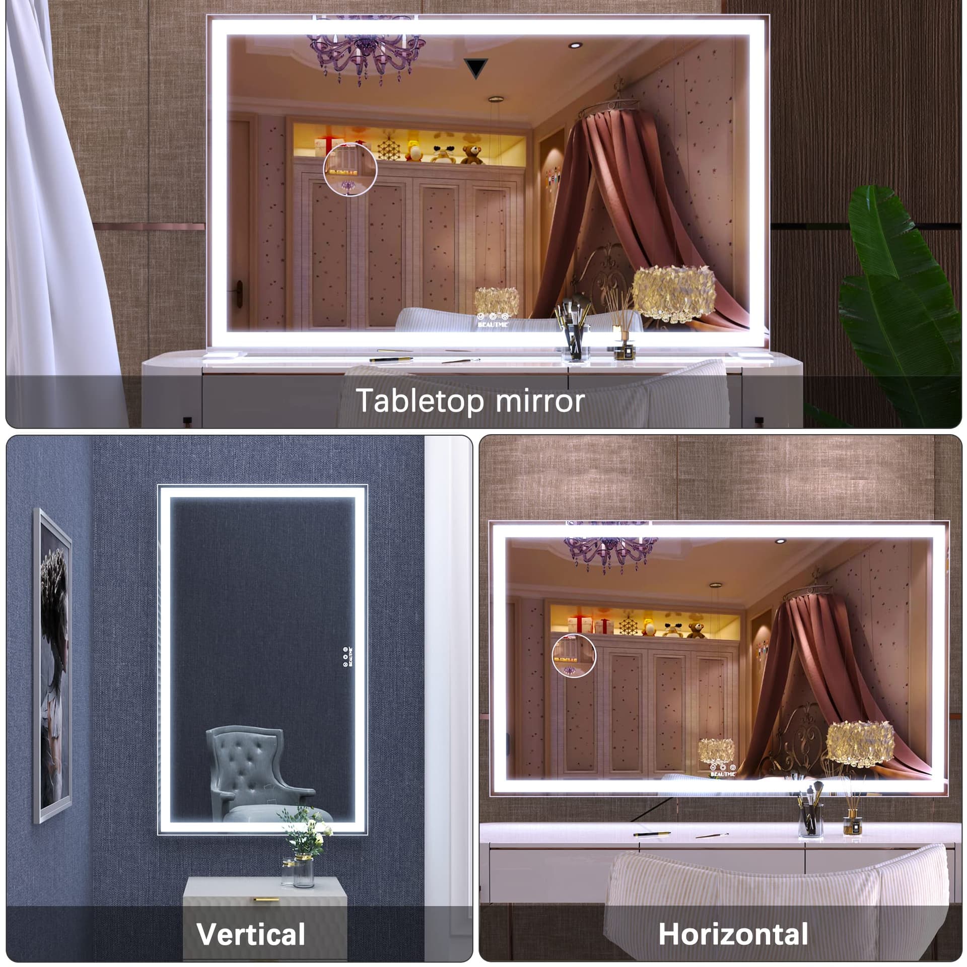 Vanity Mirror with Lights, Lighted Makeup Miror with Adjustable LED Light, Light up Mirror for Makeup Touch Control 3 Colors, 101.6 * 61.8cm, White thumbnail 6