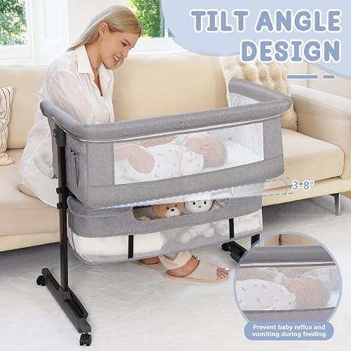 Semphis Baby Bassinet, 3 in 1 Bassinets Bedside Sleeper, Adjustable Height Bedside Sleeper with Rocking Mode, Breathable Mesh, Storage Basket, Wheels, Easy Assemble & Folding (Gray) thumbnail 5