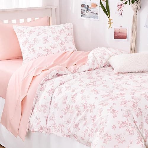 Wake In Cloud - Cottagecore Comforter Set, Floral Vintage Flower Shabby Chic Coquette Aesthetic for Women Teen Girls, Soft Lightweight Dorm Bedding, 3 Pieces, Pink, Twin/Twin XL Size thumbnail 5