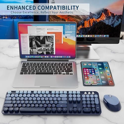 Nowlike Wireless Keyboard and Mouse Combo, Retro Typewriter Keyboard with Round Keycaps, Full-Size Ergonomic, Blue, Ideal for Windows PC, Home, Office, and College, Wireless Keyboard Mouse Combo thumbnail 7