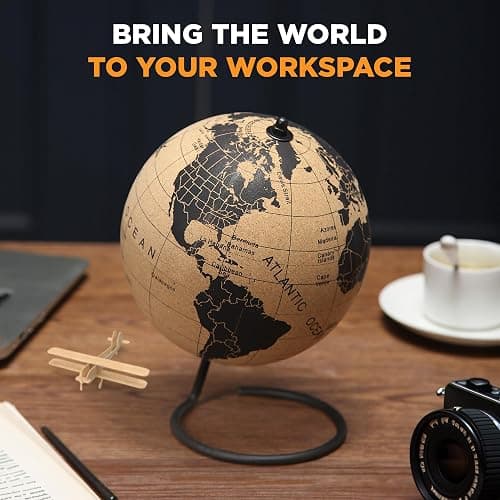 Cork Globe with Push Pins - 9.4” Globe with Map of the World and Rotating Stand for Children or Adults, 100 Metallic and 100 Colored Push Pins - World Map for Home, Office, Classroom, Travel, Kids thumbnail 7