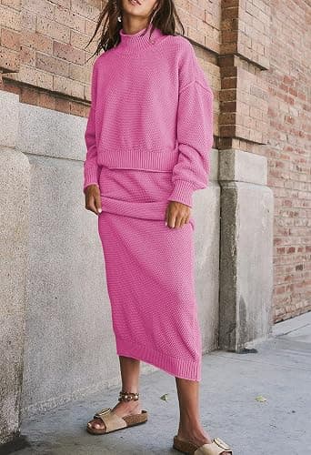 Pink Queen Women's 2 Piece Sweater Set Outfits Long Sleeve Oversized Top Bodycon Maxi Long Skirt Knit Dresses thumbnail 3