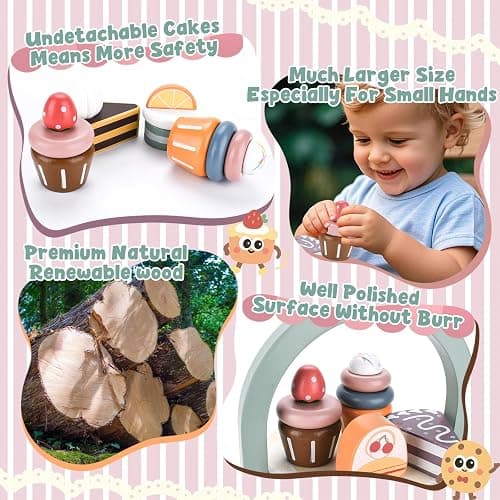 BBWELL Torta per Set da tè Giocattolo,Accessori Cucina Giocattolo Legno per Bambini Bambina,Set Cibo Finto Giocattolo per Cucina Bambini,Regalo Bambino Compleanno Pasqua Halloween Natale 3 4 5 Anni thumbnail 6