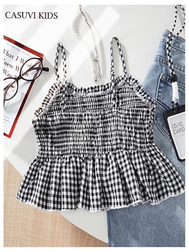 RoseSeek Girl's Y2K Gingham Peplum Cami Tops Ruffle Hem Spaghetti Strap Babydoll Plaid Summer Crop Top thumbnail 2