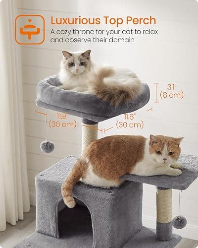 Feandrea Cat Tree, 73.2-Inch Tall Cat Tower, Plush Multi-Level Condo with 5 Scratching Posts, 2 Perches, 2 Caves, Hammock, 2 Pompoms, Light Gray UPCT191W01 thumbnail 4