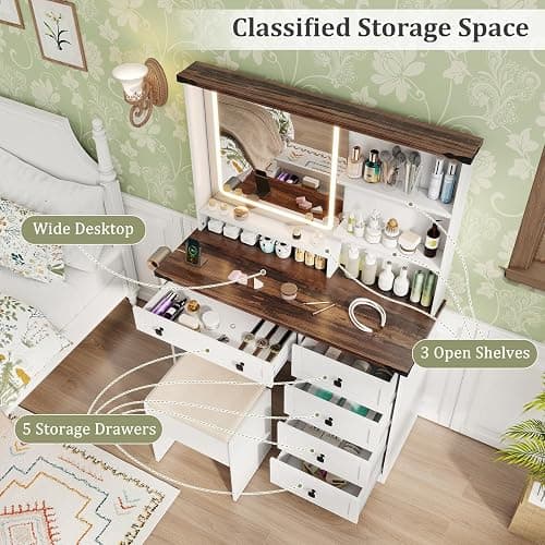 CHARMAID Vanity Desk with Mirror and Lights, Farmhouse Makeup Vanity Desk with 5 Drawers, 3 Shelves, Storage Chair, Charging Station, 42" White Vanity Dressing Table with Stool for Bedroom thumbnail 5