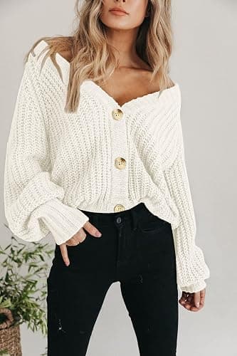 PRETTYGARDEN Women's Chunky Knit Open Front Sweater Long Sleeve Button Loose Short Cardigan Outerwear Coats - X-Large - White thumbnail 4