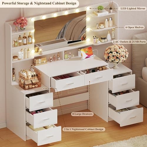 HUAHUU Large Vanity Desk with Mirror & Lights, White Makeup Vanity with 8 Drawers & 6 Storage Shelves, Vanity Set with LED Lights and Power Outlet, 3 Lighting Modes, Adjustable Brightness thumbnail 3