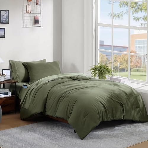WRENSONGE Twin/Twin XL Comforter Set - 2 Pieces Olive Green Comforter Prewashed Soft Lightweight for All Seasons,Fluffy Down Alternative Twin XL Comforter with 1 Pillow Sham - Olive Green - Twin/Twin XL(66"*90") - Image 1