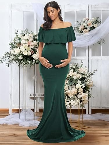 Glampunch Womens Off Shoulder Maternity Dress Ruffles Elegant Slim Gowns Fit Maxi Photography Dress thumbnail 2