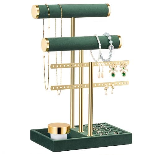 bussdis 3 Tier Bracelet Holder Display - Detachable T Bar Dark Green Velvet Bracelet Holder, Jewelry Holder Organizer for Bracelet, Necklace, Earrings, Rings - Image 1