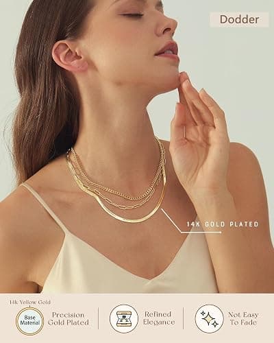 Gold Layered Necklaces for Women, 14K Gold Plated Dainty Gold Chain Choker Necklace Stack, Herringbone Gold Necklaces Set thumbnail 4