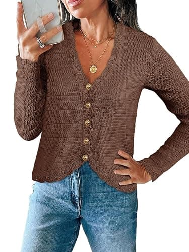 Saodimallsu Womens V Neck Cardigan Sweaters Button Up Cropped Boho Knit Long Sleeve Loose Trendy Sweater Tops - Image 1
