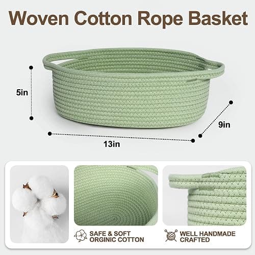WILLITAT Basket for Gifts Empty, 13"x 9"x 5" Small Green Woven Rope Bin, Gift Basket Empty, Kids Dog Cat Toy Bin Box, Cute Baby Nursery Organizer, Decorative Storage with Handles, Green Room Decor thumbnail 3