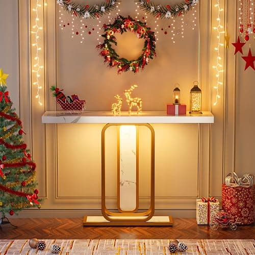 Tribesigns Modern Gold White Console Table with LED Lights, 41.3 Inch Entryway Hallway Foyer Accent Table with Faux Marble Veneer for Living Room, Entrance thumbnail 5