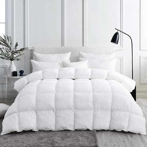 Luxurious White Solid Medium Weight, Palatial King Size Goose Feathers Down Comforter for All-Season Weather, 120 X 98 inches, Premium Baffle Box, 100% Egyptian Cotton Cover, 85 oz. Fill Weight - Image 1