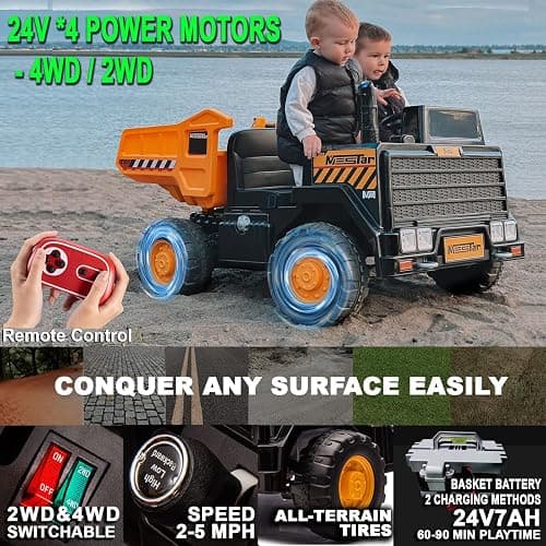 Kidsera 24V Ride On Dump Truck, 24inch-2 Seater Ride On Car for Kids w/Remote Control 4WD/2WD Up to 5 Mph, 24v Ride on Toys for Big Kids w/Electric Dump Bed Extra Shovel Traffic Cones (Yellow) thumbnail 3