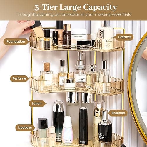 Aveniee Corner Bathroom Counter Organizer, Bathroom Countertop Shelf Makeup Organizer for Vanity Perfume Tray for Corner Storage (3 Tiers, Gold) thumbnail 3