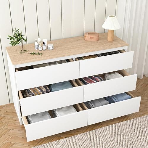 Spaco White Dresser for Bedroom with Oak Top,Modern 6 Drawer Dresser with Deep Drawer,Wide Storage Chest of Drawers,Bedroom Storage Organizer Furniture,TV Stand for Living Room thumbnail 2