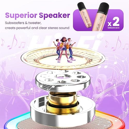 Karaoke Machine for Kids Adults, Portable Bluetooth Mini Karaoke Microphone Singing Speaker Karaoke Player with 2 Wireless Mic Toys for All Smartphones,Birthday, Family,Home Party (Rose Gold) thumbnail 4