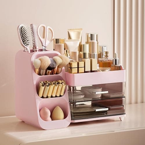 HBlife Makeup Organizer with Brush Holder for Vanity, Large Plastic Bathroom Countertop Organizer Skin Care Storage, Easy to Store Lipsticks, Nail Polishes, Perfumes, Eyeshadow Palettes, Pink thumbnail 2