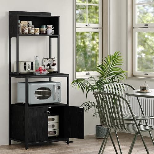 Furniouse 5-Tier Kitchen Bakers Rack with Power Outlet, Industrial Microwave Oven Stand with Storage, Kitchen Storage Shelf with Cabinet, Coffee cart, Standing Kitchen Storage Rack (Black) thumbnail 9