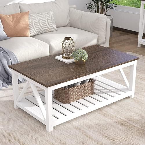 ChooChoo Farmhouse Coffee Table, Rustic Vintage Living Room Table with Shelf, 40 White thumbnail 4