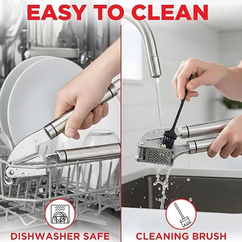 Alpha Grillers Garlic Press Stainless Steel - Easy to Clean, Rust-Proof, Dishwasher Safe - Stainless Steel Garlic Press, Mincer, Crusher with Silicone Peeler & Cleaning Brush thumbnail 6