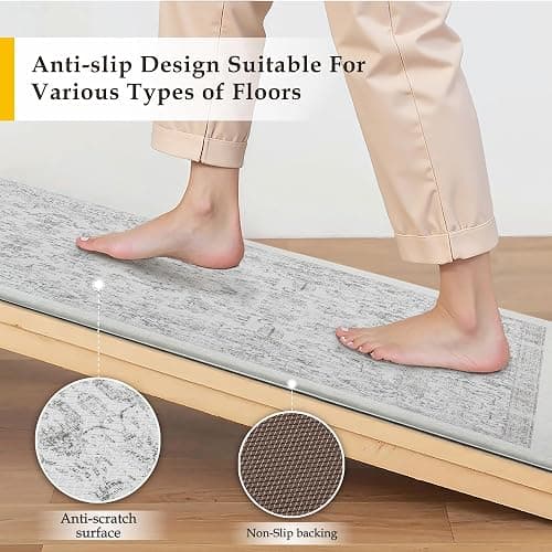 PureCozy Kitchen Mats 2PCS Anti Fatigue Cushioned Mat Gray Vintage Kitchen Mats for Floor Waterproof Non Slip Comfort Standing Grey Retro Floral Rug for Sink Laundry Office 17.3"x47"+17.3"x30" thumbnail 4