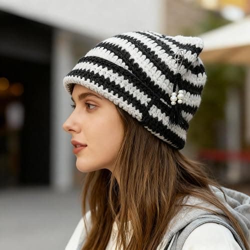 Hshsclth Cat Ear Beanie for Women, Y2K Striped Slouchy Crochet Goth Style with DIY Accessories, Cute Knit Hat with Ears thumbnail 5