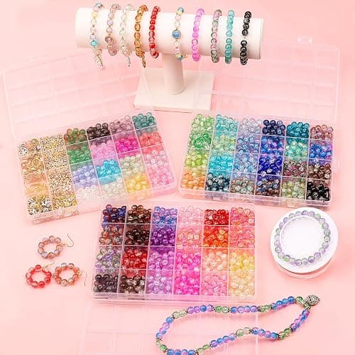 UFU 8mm Glass Beads Bracelet Making Kit, 1540+ Pcs 62 Colors Crackle Glass Beads for Jewelry Making, Round Crystal Beads for Bracelets Necklace Earrings DIY Crafts Gifts thumbnail 6