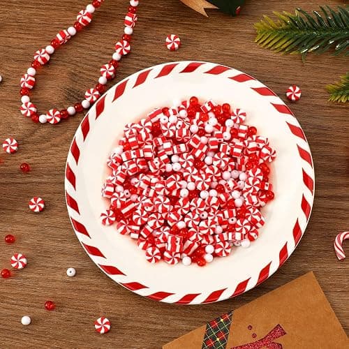 UPINS 1500Pcs Christmas Red and White Beads for Jewelry Making Xmas Candy Polymer Clay Beads for Holiday Necklace Bracelet Earring Craft and Christmas Tree Ornaments thumbnail 5