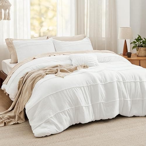 Bedsure Full Comforter Set - 4 Pieces Pinch Pleat Bed Set, White Boho Bedding for All Season, 1 Soft Comforter, 2 Pillowcases, 1 Decorative Pillow - Image 1