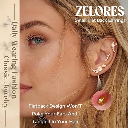ZELORES 9Pcs Flat Back Cartilage Earrings for Women Trendy 16G Tragus Conch Helix Piercing Jewelry Stainless Steel Snake Star CZ Flat Back Stud Earrings Set thumbnail 2