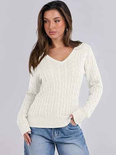 ANRABESS Womens Long Sleeve Cable Knit Sweater 2025 Fall Fashion V Neck Fitted Pullover Top Business Casual Work Fall Outfits thumbnail 2