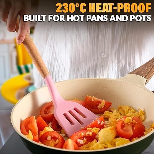 Kitchen Utensils Set with Holder for Nonstick Cookware - 12 Pcs Pink Silicone Cooking Utensils Set, Kitchen Tools for Daily Cooking - Wooden Handle Cooking Tools for Baking Serving and Mixing Tasks thumbnail 6