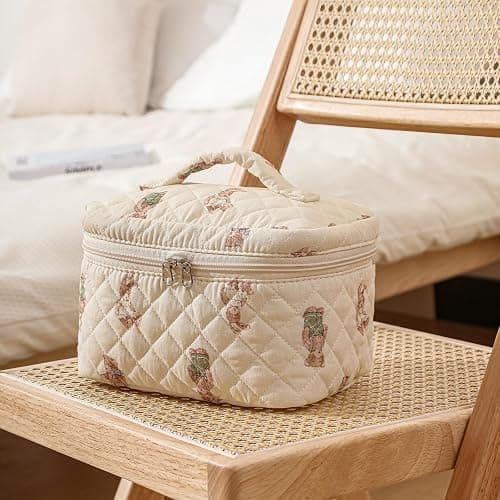 uekeboag 2 pcs Large Floral Quilted Makeup Bag Set for Women, Cotton Quilted Big Cosmetic Bag, Coquette Aesthetic Cute Travel Toiletry Bag thumbnail 6