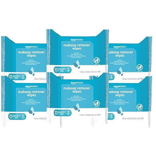 Amazon Basics Makeup Remover Wipes, Gentle Cleansing, Dermatologist Tested, Hydrating with Hyaluronic Acid, Plant-Based, Alcohol-Free, Removes Waterproof Mascara, No-Rinse Formula, 25 Count, 6-Pack - Image 1