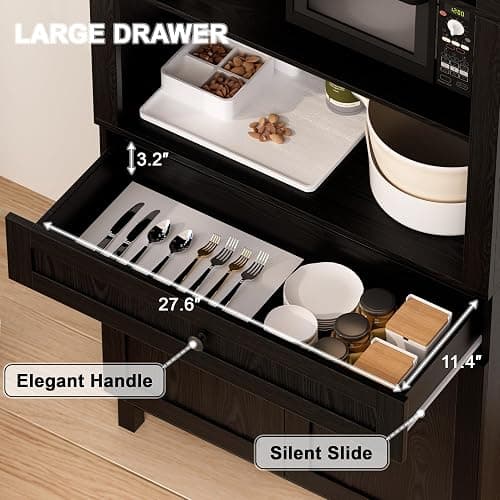TEROL Arched Pantry Cabinet, 71" Kitchen Pantry Cabinet with Smooth Gliding Drawers and Adjustable Shelf, Wood Storage Cabinets Anti-Tipping, Modern Farmhouse for Living Room, Dining Room (Black) - Black thumbnail 3
