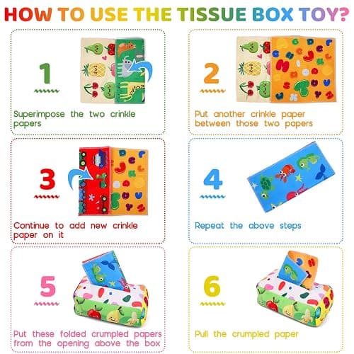 YOGINGO Baby Toys 6 to 12 Months - Tissue Box Toy Montessori for Babies 6-12 Months, Soft Stuffed High Contrast Crinkle Infant Sensory Toys, Boys&Girls Kids Early Learning Gifts thumbnail 6