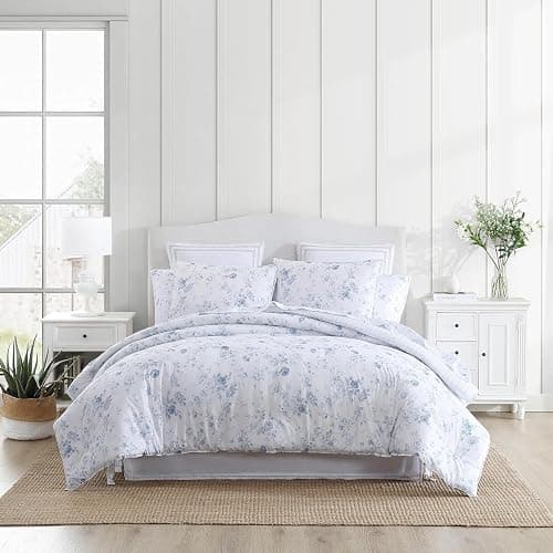 Laura Ashley - Queen Comforter Set, Soft Cotton Bedding with a Medium Weight for Year Round Use, Reversible 3 Piece Bed Set with Matching Pillowcases (Belinda Chambray Blue) - Image 1