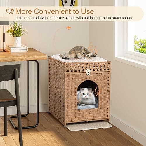 Snughome Cat Litter Box Enclosure Furniture Hidden with Litter Mat, Hidden Washroom Furniture with Door, Handwoven Rattan Cat Washroom Box, Indoor Pet House for Living Room, Bedroom(Natural) thumbnail 6
