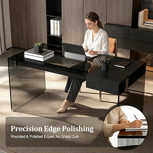 NessCarsti 53.14" Modern Glass Office Desk with Drawer for Home Office | Black Clear Computer Desk with Tempered Glass Tabletop & Legs, Minimalist Stylish Executive Table for Bedroom thumbnail 6