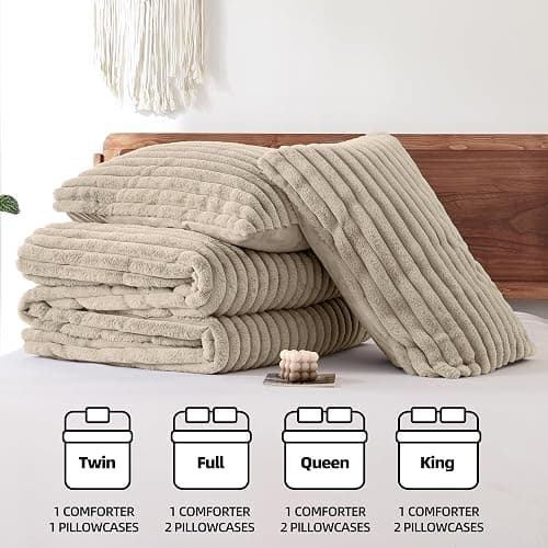 Smoofy Fluffy King Size Comforter Set 3 Pieces - Linen Fleece Fluffy Comforter Set, Luxury Fuzzy King Bedding Set, Soft King Bed Set All Season, Heavy Faux Fur Comforter with 2 Pillow Cases thumbnail 7