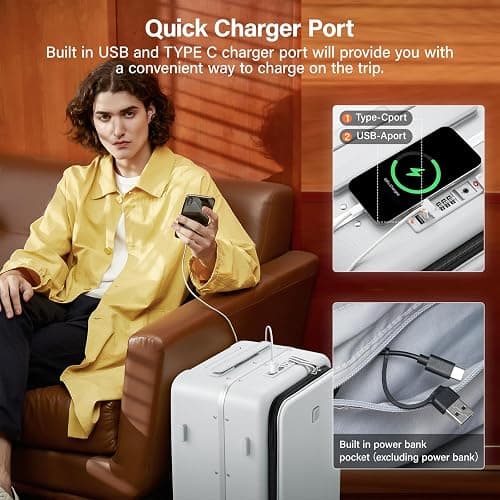 Hanke 20 Inch Carry On Luggage with Cup Holder and Charge,Top Opening Hard Shell Suitcases with Wheels and Dividers,Aluminum Frame Trunk Luggage Small Suitcase with Lock for Travel,Smoke White thumbnail 5