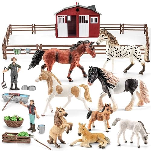 THINKBAY 47PCS Horse Toys Stable Playset with Farm Fences for Girls Boys, Solid Plastic Horse Stable with a Handle, Farm Animal Barn Toys Horse Figurines for Kids, Birthday Gift Cake Toppers thumbnail 9