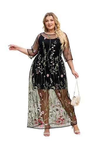 BaronHong Women's Floral Embroidered Tulle Prom Half-Sleeve V Neck Midi Dress with Waist Strap - Image 1