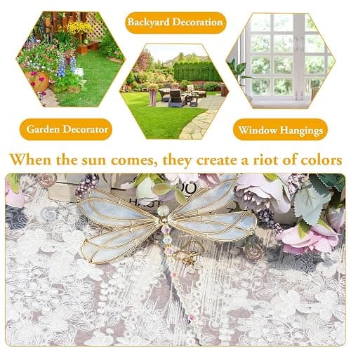Suncatcher - Décoration de fenêtre - Cristaux de verre - Décoration de fenêtre - En forme de pétales de soleil - Décoration en cristal - Arc-en-ciel - À suspendre - Pour jardin (libellule) thumbnail 5